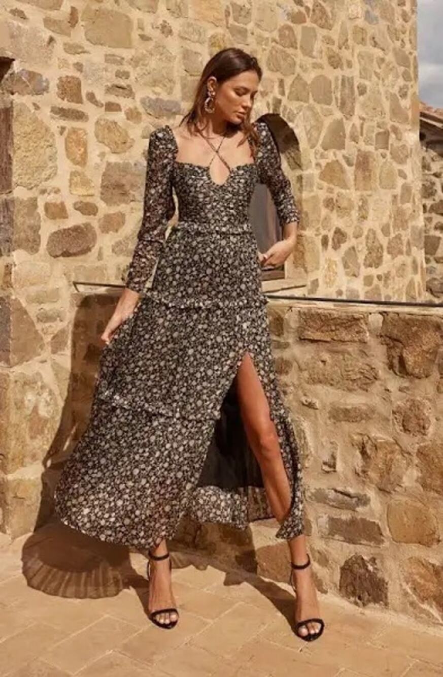 NEW ASTR the Label Lovestruck Long Sleeve Tiered Maxi Dress Black Taupe Medium